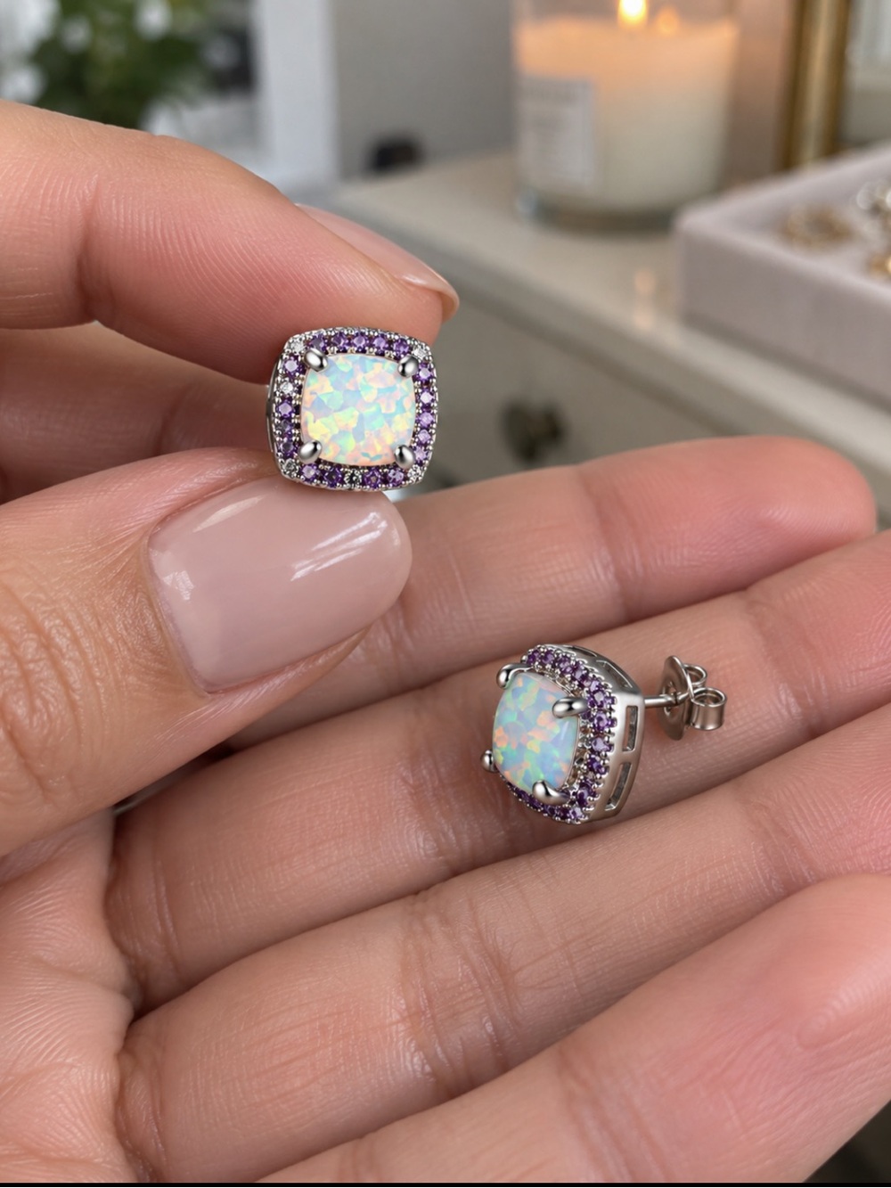18K White Gold Opal Amethyst Stud Earrings Halo Plated 925 Sterling Silver Lux
